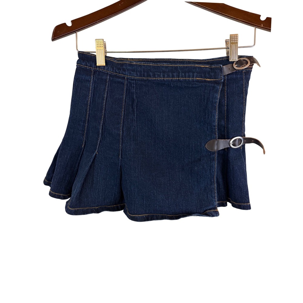 J. Galt Pleated Denim Mini Skirt Size S Dark Wash Adjustable Buckle